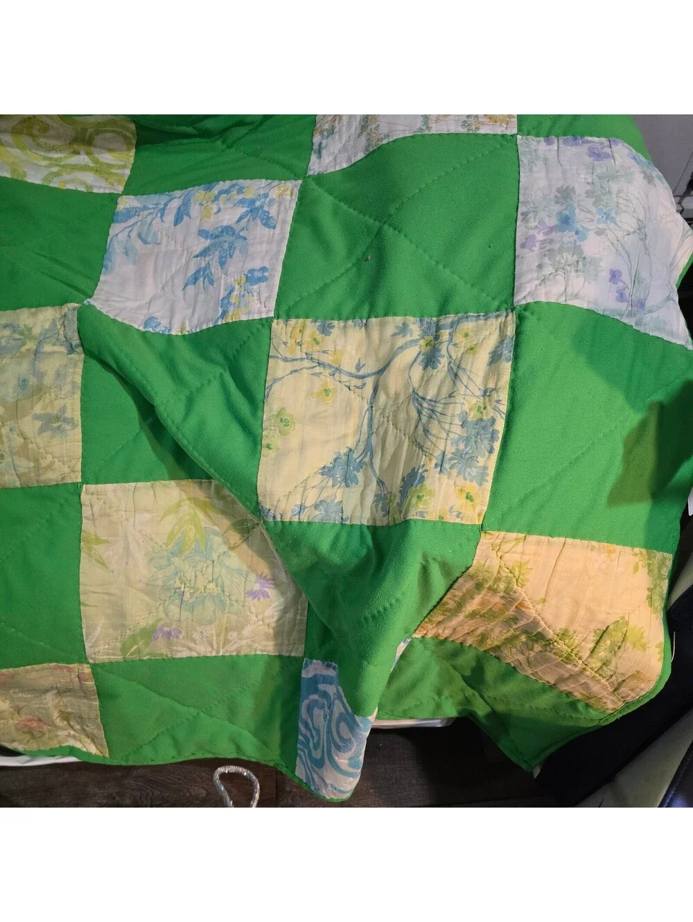 Vintage Handmade Patchwork Quilt in Green and Pastel Floral 1970s boho MCM